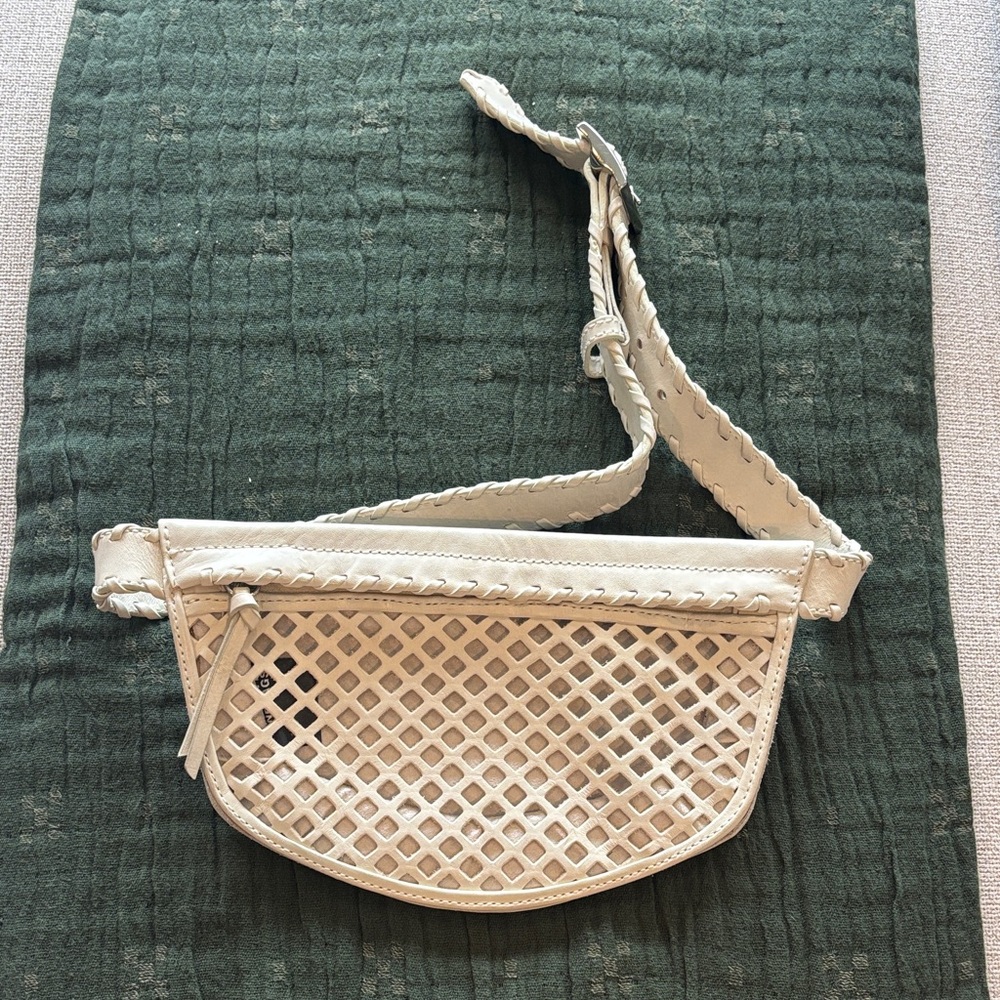 SCHUTZ Cream Woven Leather Crossbody Belt Bag with Braided Strap